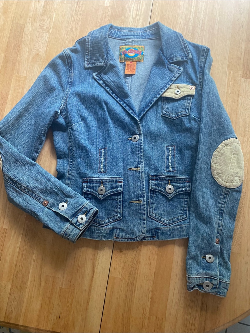 Vintage Denim Cropped Jacket Blazer with Elbow Patches and Cinched Back